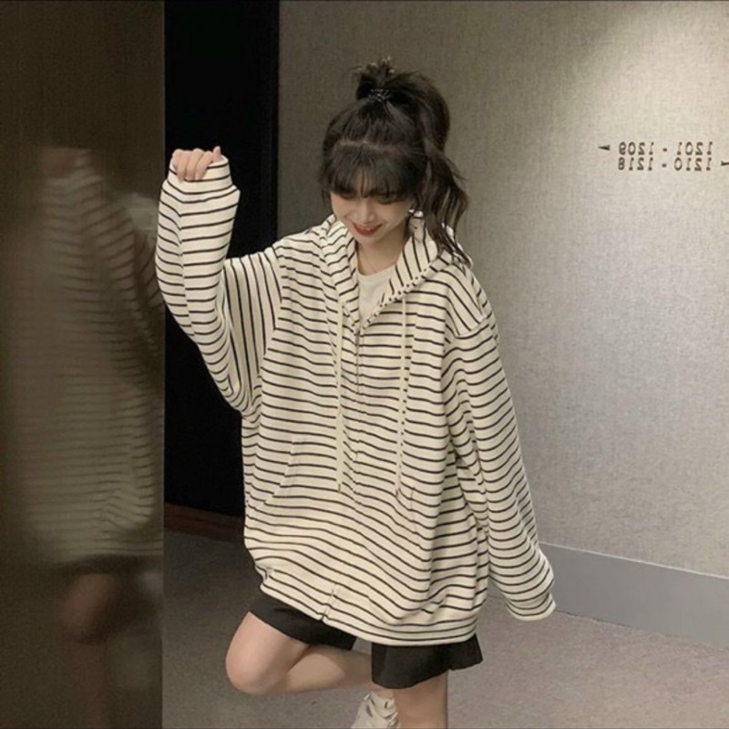 Áo Khoác Hoodie Cotton Kẻ Sọc Mảnh Form Rộng Phong Cách Y2K
