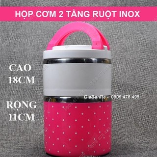 Hộp cơm giữ nhiệt 2 tầng chấm bi ruột inox Cao Cấp-HỘP CƠM 2 TẦNG CHẤM BI