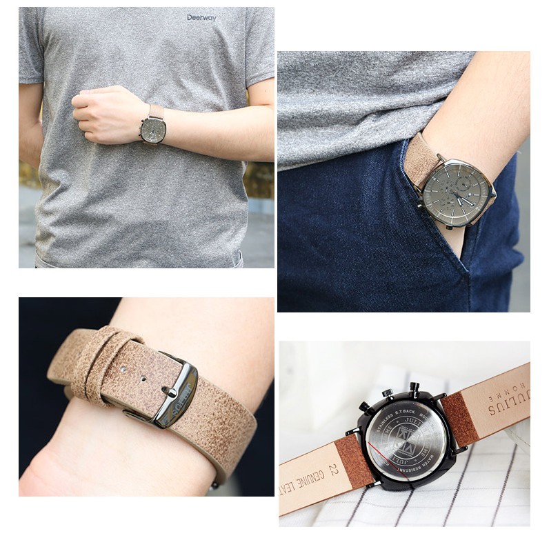 Julius Official | Đồng hồ nam Julius Jah098 dây da nâu mặt đen | BigBuy360 - bigbuy360.vn