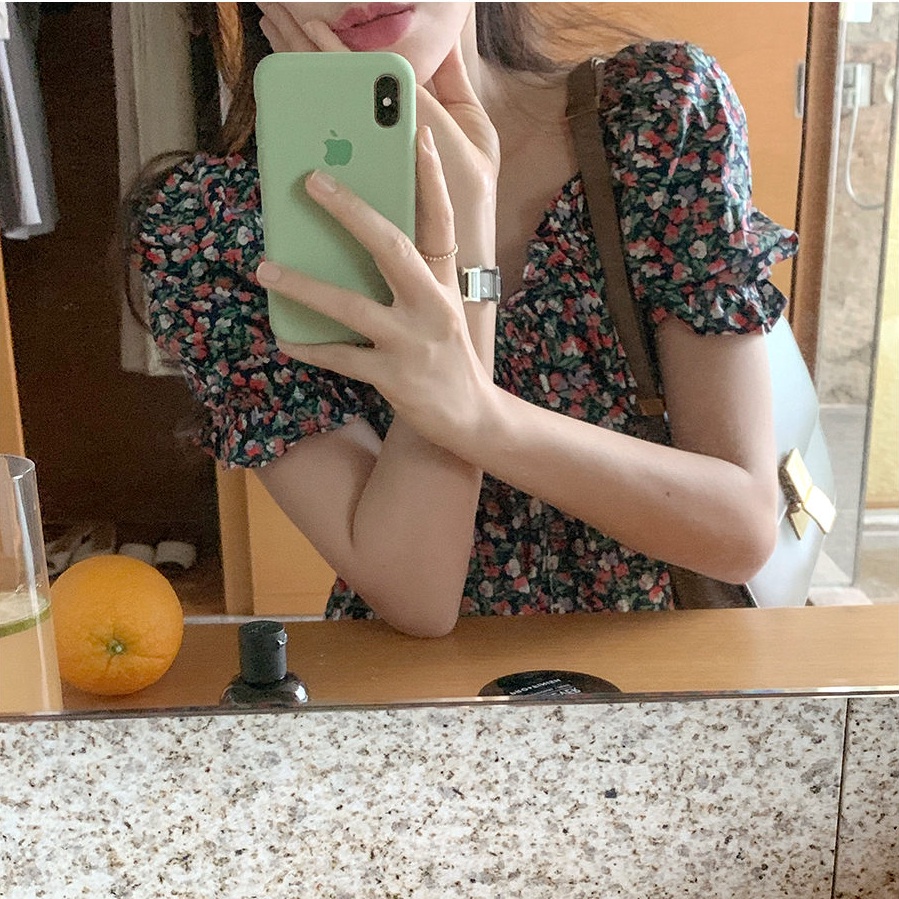 Áo SUXI tay ngắn cổ chữ V in hoa phong cách Hàn Quốc cổ điển