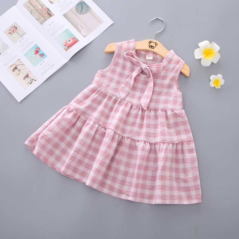 Đầm không tay kẻ caro chất cotton thời trang cho bé gái