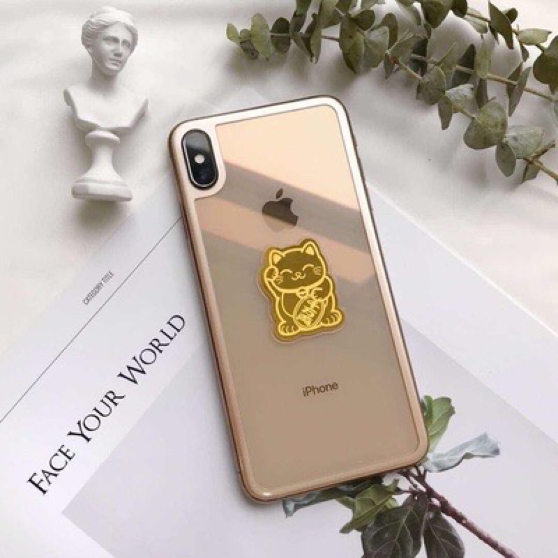 Miếng dán điện thoại mạ vàng 24k hình mèo thần tài chiêu lộc cầu may mắn độc đáo