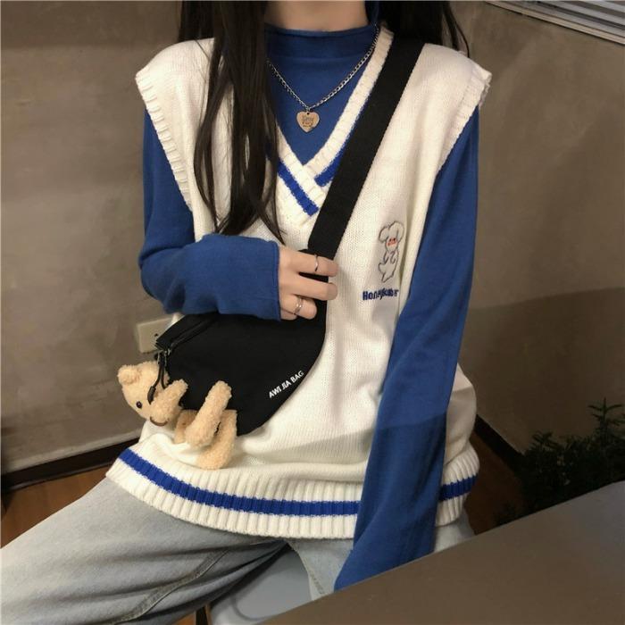 Áo gile dệt kim dáng rộng cổ chữ V phong cách Hàn Quốc