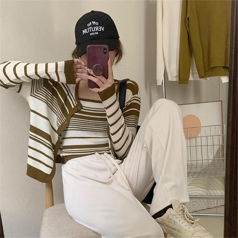 【ZHELIHANGFEI】Áo Cardigan Dệt Kim Không Tay Lưng Cao Họa Tiết Kẻ Sọc Thời Trang Cho Nữ