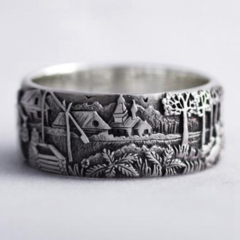 flowersqueen Nhẫn hợp kim mặt được khắc họa tiết cổ điển thời trang độc đáo