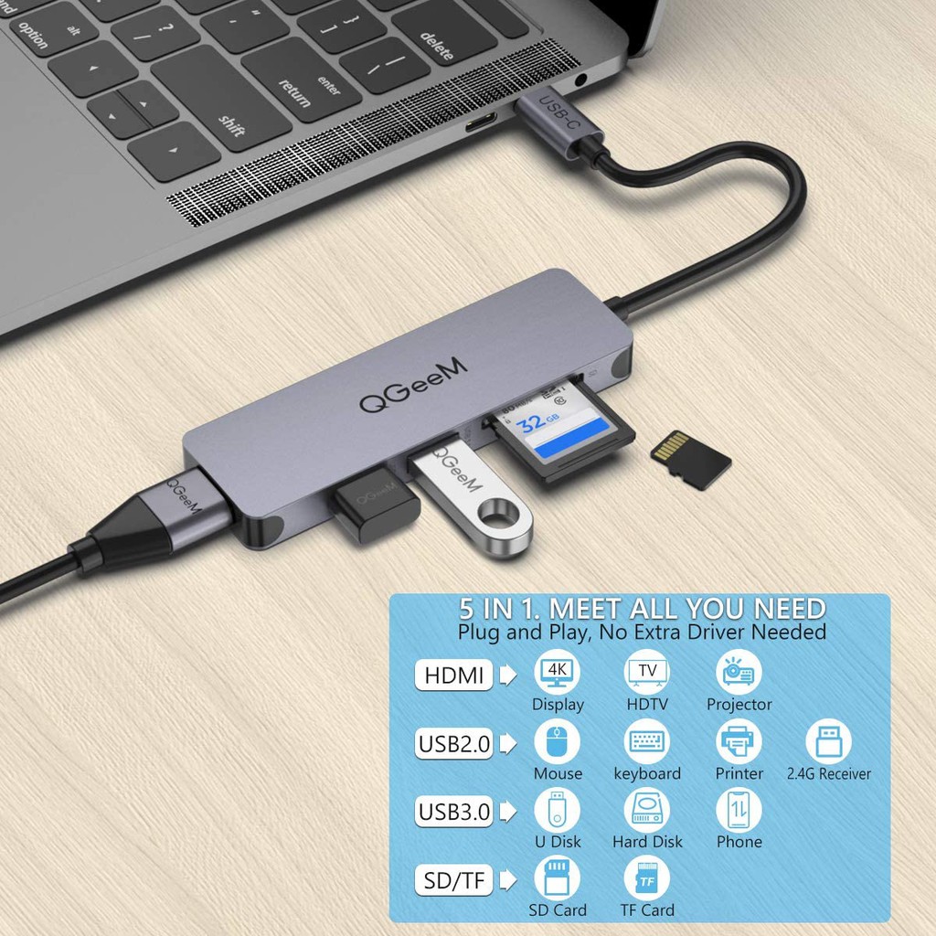 Bộ Hub QGeeM đa năng 5 trong 1 dành cho MacBook Pro 13/15 Surface Go, USB C Adapter - Hàng chính hãng