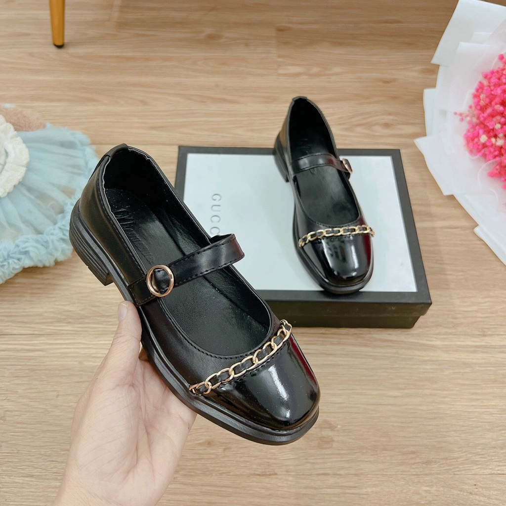 Giày búp bê nữ chất da bóng phối xích xinh xắn mã K01