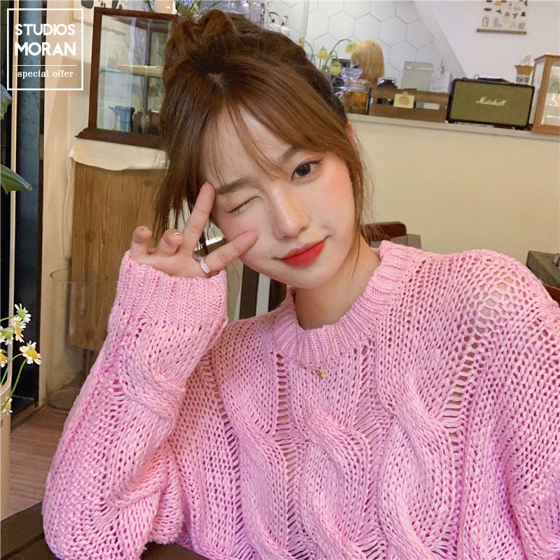 KÈM ẢNH THẬT- (ORDER) Áo len đan vặn thừng MORAN form thụng màu hồng ngọt ngào mùa đông Hàn Quốc - Có ảnh thật