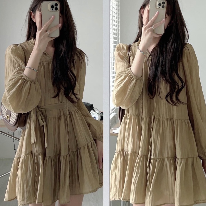 Váy babydoll dáng ngắn, váy đầm nữ dài tay tầng 2 lớp voan tơ xước freesize phom suông thắt eo hàn quốc C1092