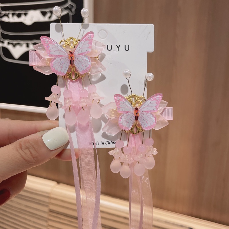 1 Cặp Kẹp Tóc Tua Rua Hình Cánh Bướm Hán Phục Cho Bé Gái