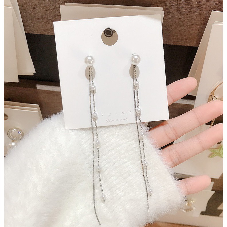 Bông tai hàn quốc bạc nữ cao cấp dây dài đính châu Tiluca YU35