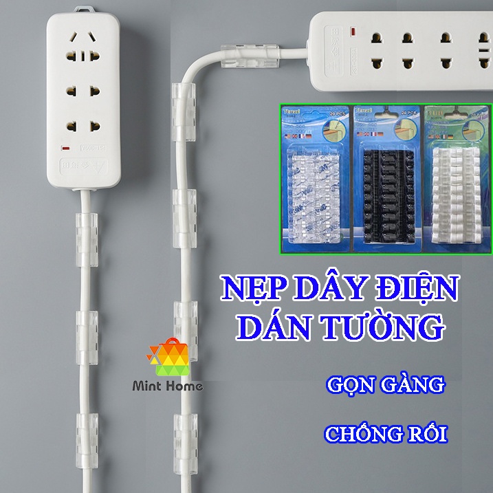 Kẹp dây điện dán tường treo giữ cố định cáp sạc thông minh, bộ nẹp đi dây điện lớn vỉ 16 cái có keo 3M