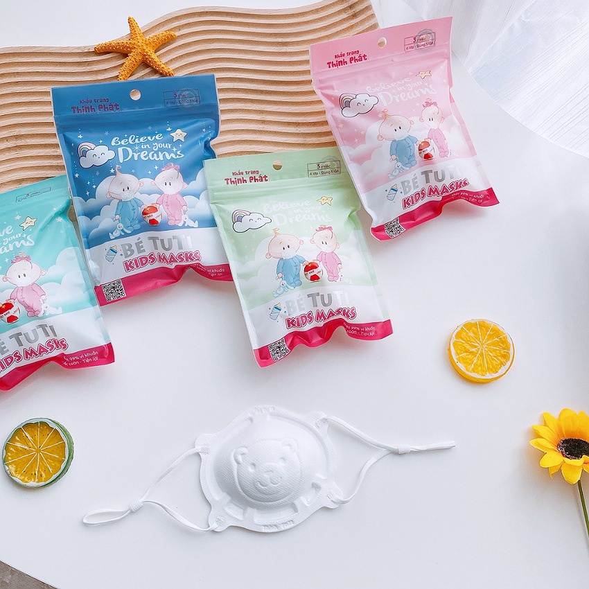 Combo 3 túi 9 cái Khẩu trang gấu Bé Tuti Kids Mask Thịnh Phát, khẩu trang cho bé 6 tháng-3 tuổi, 4 lớp kháng khuẩn 99%