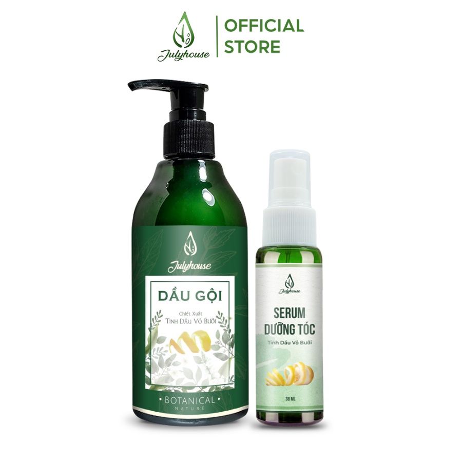 Dầu gội Bưởi JULYHOUSE 300ml và Serum dưỡng tóc tinh dầu Bưởi 38ml ngăn ngừa gãy rụng, dưỡng tóc suôn dài óng mượt