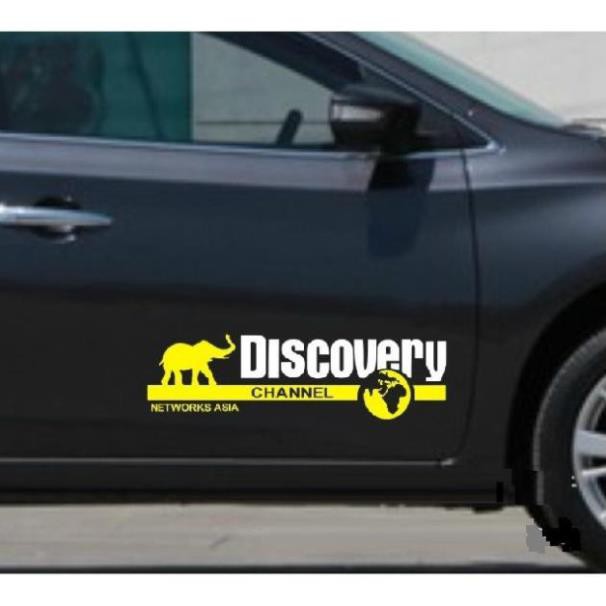 Bộ 2 tem dán decal DISCOVERY CHANNEL vàng đen trắng phong cách