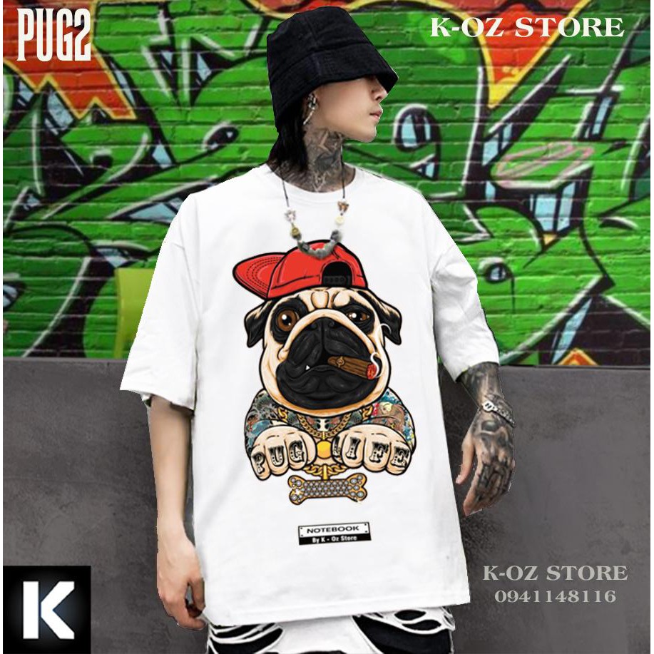 Áo thun chó tay lỡ PUG2 OVERSIZE UNISEX (2 Màu ĐEN-TRẮNG)