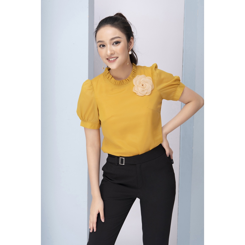 Áo Sơ Mi Tay Phồng Nữ LIPERI Thiết kế cổ tròn đính hoa ngực chất lụa tơ cao cấp mềm mịn nhẹ mát không nhăn LFSM1198