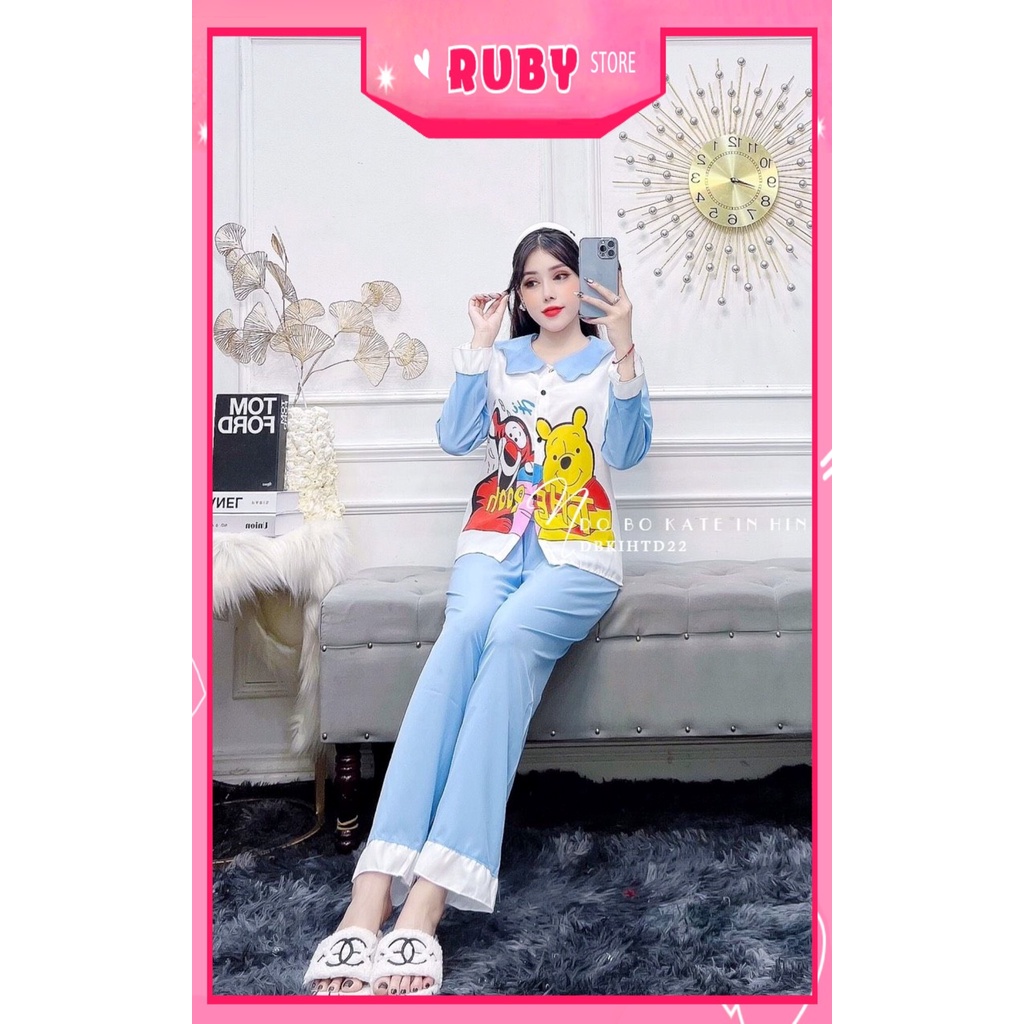 Đồ bộ nữ mặc nhà cổ tiểu thư tay dài chất kate mềm mịn in hình gấu Hoạt Hình dễ thương DBKIHTD22