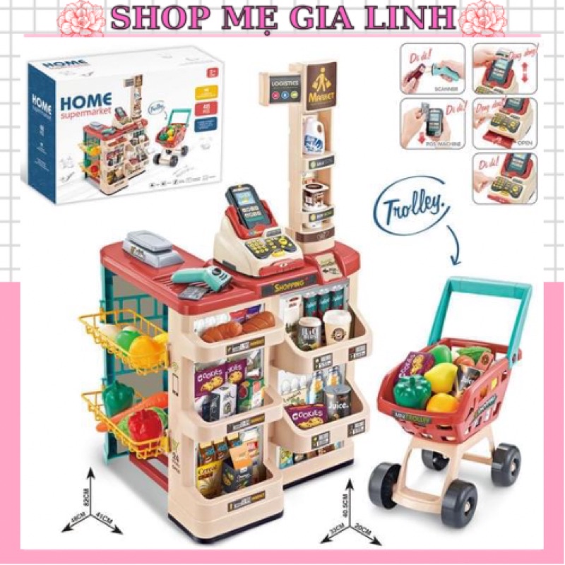 Freeship Đồ chơi quầy siêu thị kèm xe đẩy - máy bán hàng thu ngân - quẹt thẻ tự động SUPERMARKET