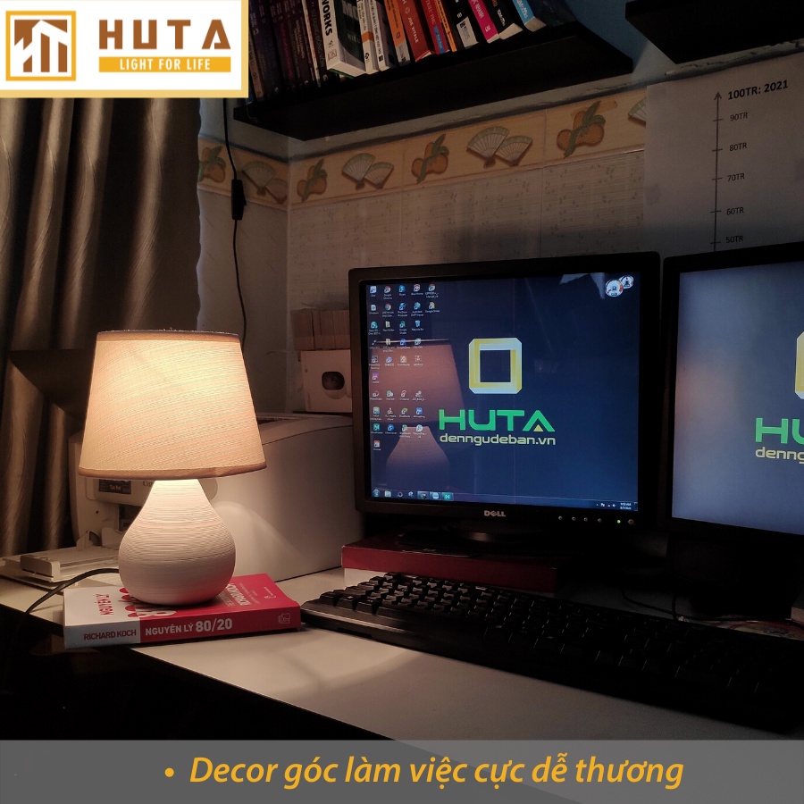 Đèn Ngủ Để Bàn HUTA Decor Trang Trí Phòng Ngủ, Gốm Sứ, Chao Vải, Bóng Led E27, Tăng Giảm Độ Sáng, Đặt Đầu Giường - S1