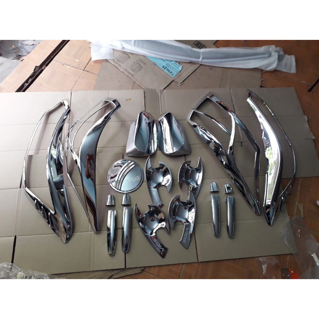Bộ ốp mạ crom Pha + hậu + tay + Hõm cửa + ốp Gương + Nắp xăng dành cho form Toyota Vios 2014-2018