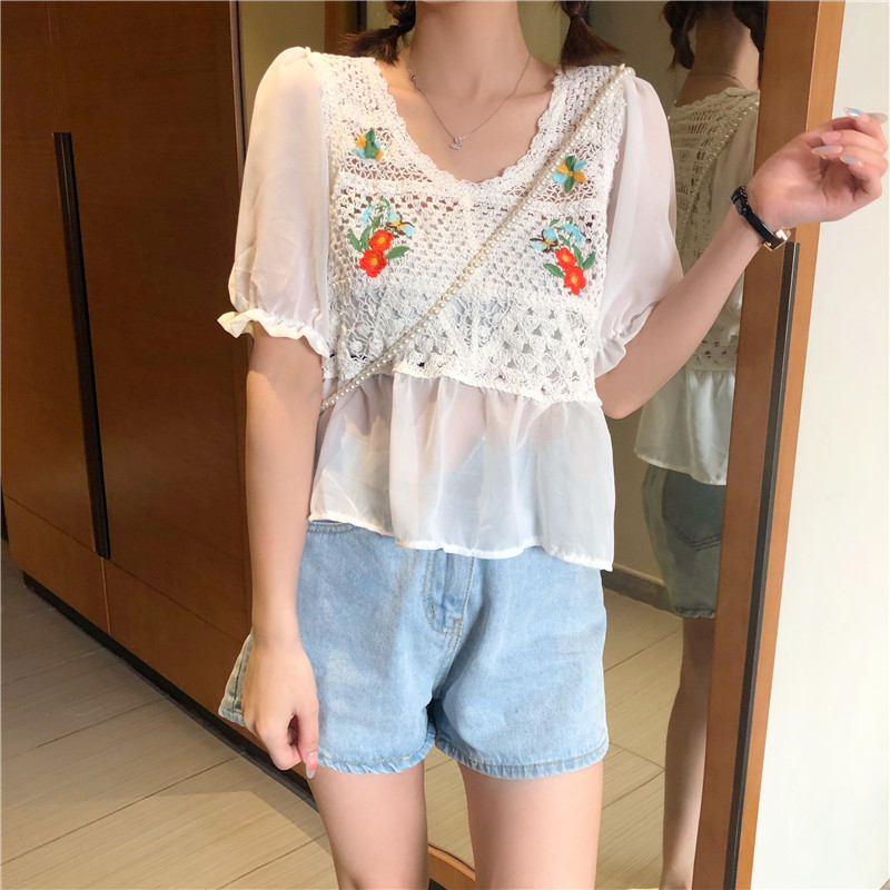 SUXI Áo Kiểu Chất Chiffon Tay Ngắn Hoạ Tiết Hoa Thời Trang Mùa Hè