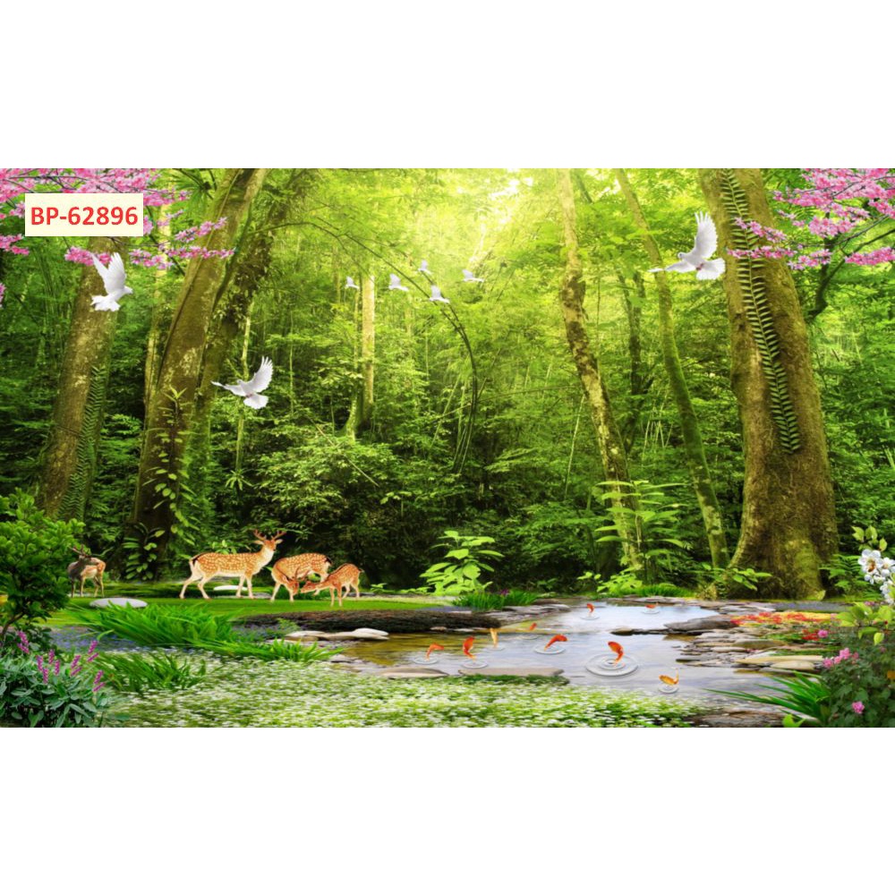 Tranh vải lụa dán tường phong cảnh thiên nhiên khu vườn nên thơ như truyện cổ tích phòng khách, phòng ăn, phòng ngủ