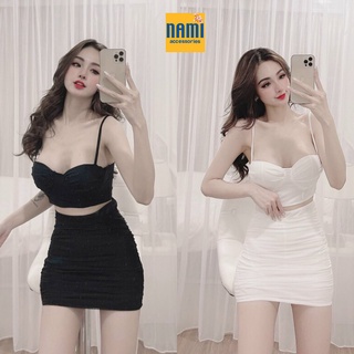 SET ÁO HAI DÂY CÚP NGỰC KÈM CHÂN VÁY NHÚNG ÔM BODY CHẤT NGẤT - QANU420