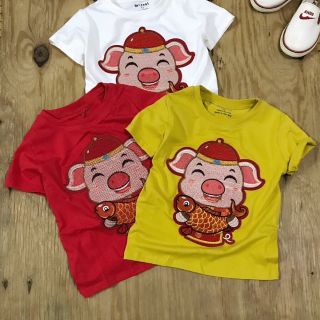 Set 6 áo hình heo may mắn. Gồm 8 áo in hình heo may mắn có 3 mau đỏ trắng và vàng. vải thun cotton 4c co giản thoải mái.
