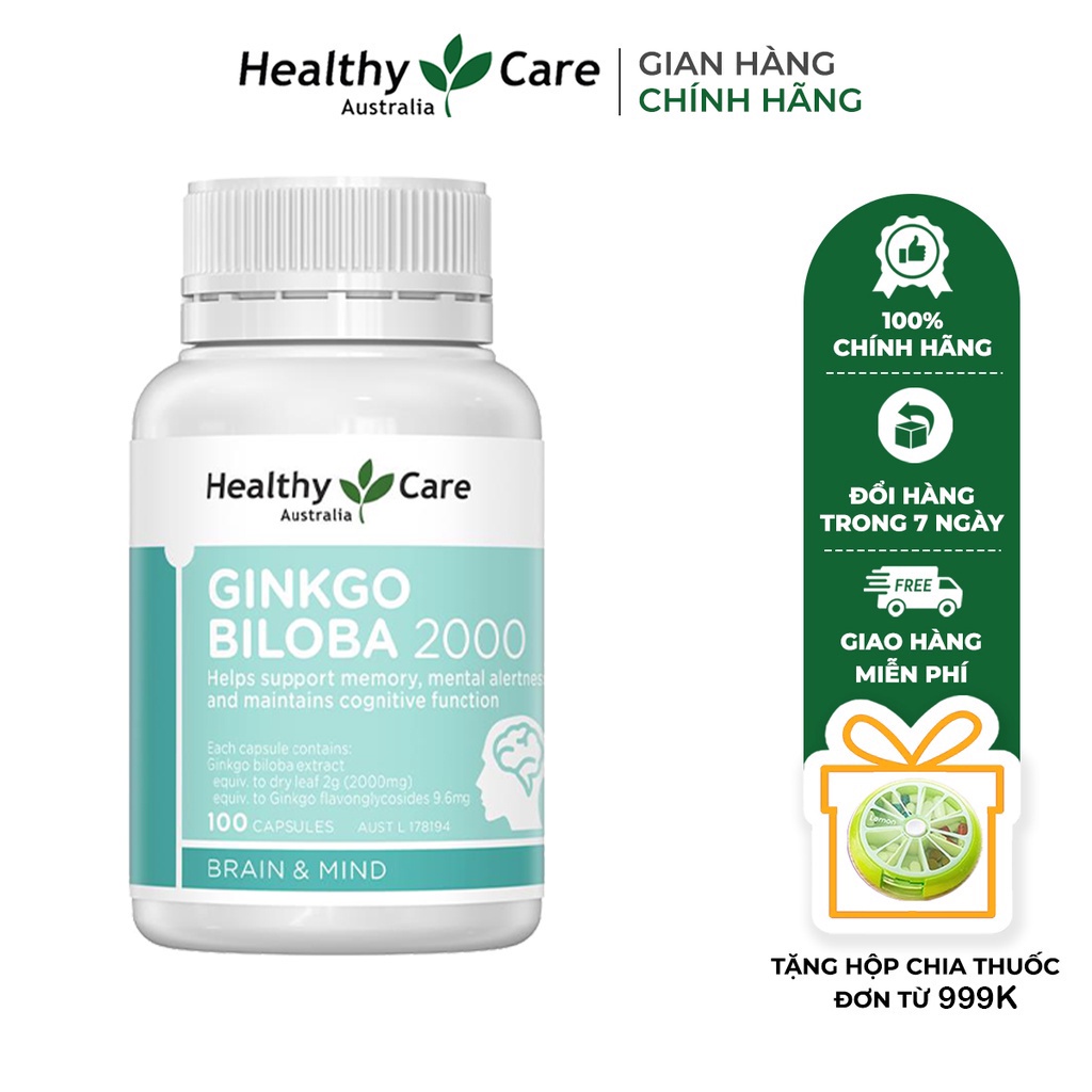 Thực phẩm chức năng Bổ não Ginkgo Biloba 2000 Healthy Care chính hãng Úc giúp tăng cường tuần hoàn não 100 viên