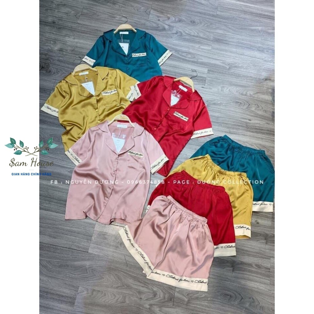 Pijama lụa cộc đùi, bộ mặc nhà, bộ ngủ lụa tay cộc quần đùi viền chữ ký mềm mại siêu sang