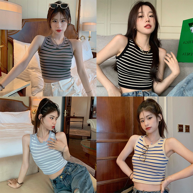 Áo Croptop Sát Nách Dáng Ôm Họa Tiết Kẻ Sọc Thời Trang Cho Nữ