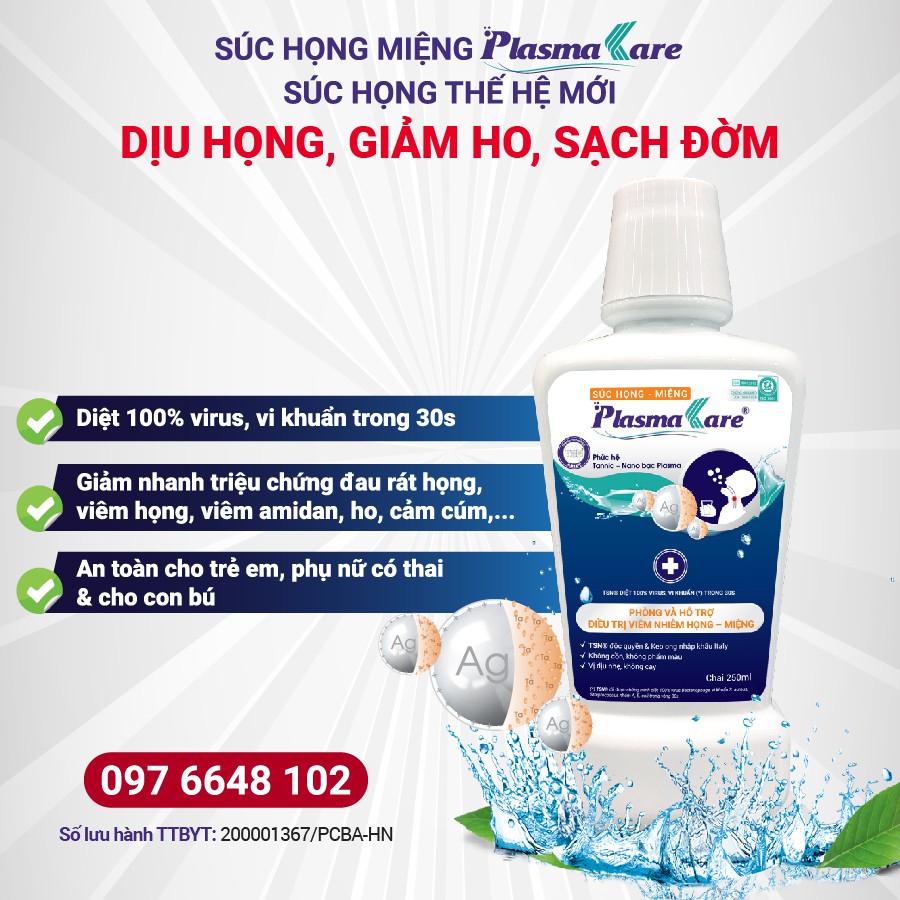 Nước súc họng miệng PlasmaKare giảm ho, rát họng, amidan, ho, khản tiếng chỉ cần súc 30s