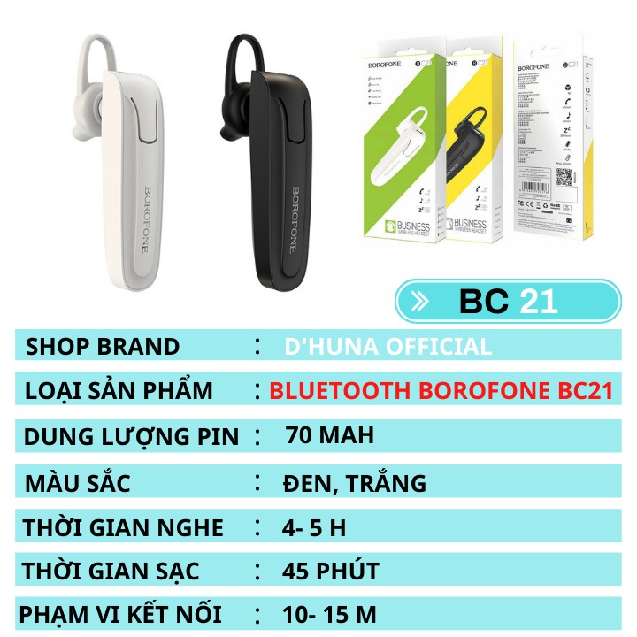 Tai Nghe Bluetooth Nhét Tai⚡️BOROFONE BC21 ✔Tiện Lợi ✔Dung Lượng Pin Trâu Nghe Nhạc Liên Tục 4 Giờ [BẢO HÀNH ĐỔI MỚI]