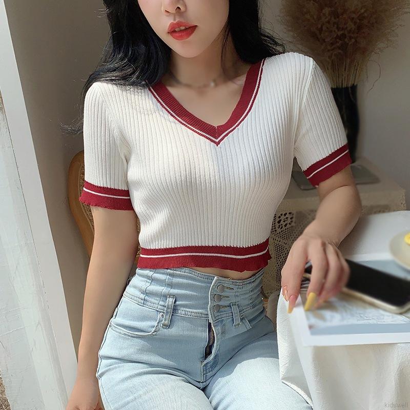 Áo Croptop Dệt Kim Tay Ngắn Thiết Kế Cổ Chữ V Nữ Tính | BigBuy360 - bigbuy360.vn