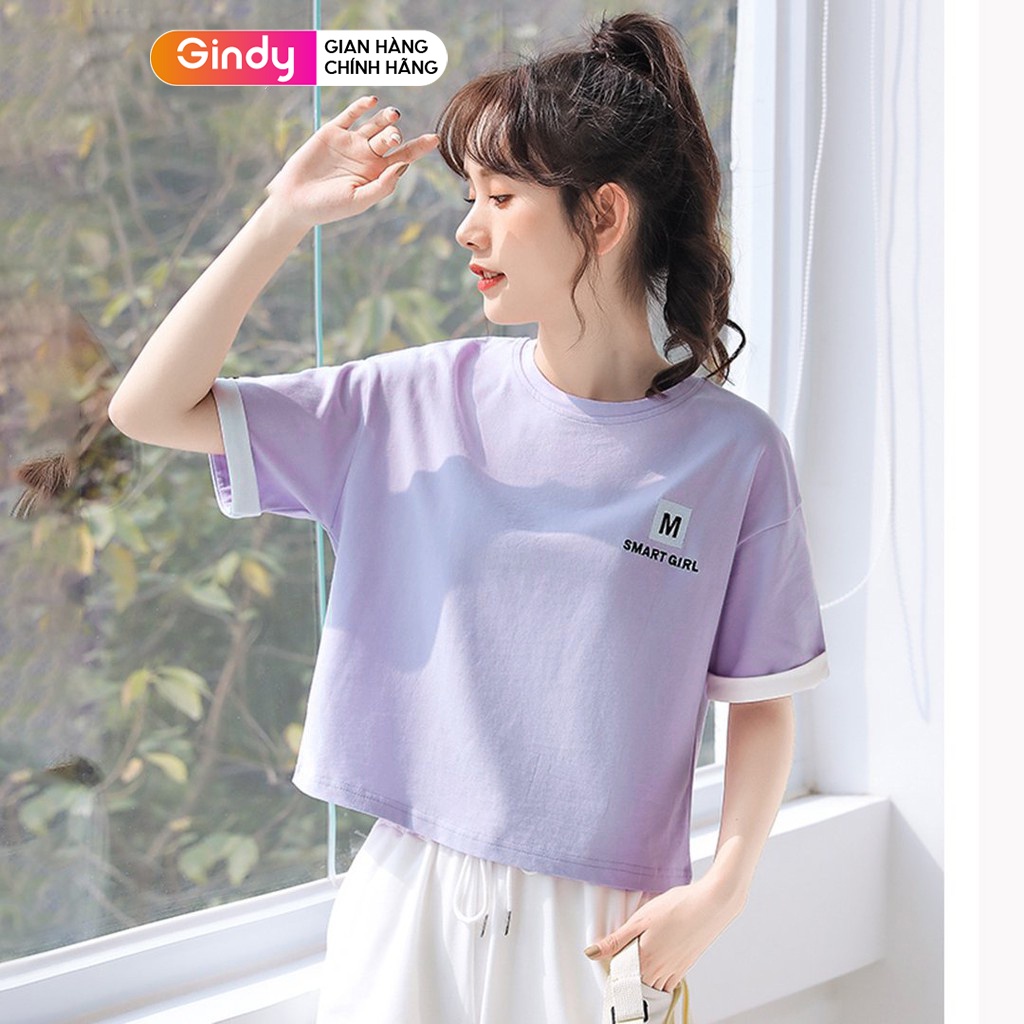 Áo phông cotton thun nữ cổ tròn tay lỡ kiểu cao cấp GINDY SMART GIRL dáng basic unisex thoáng mát thời trang nữ A6175