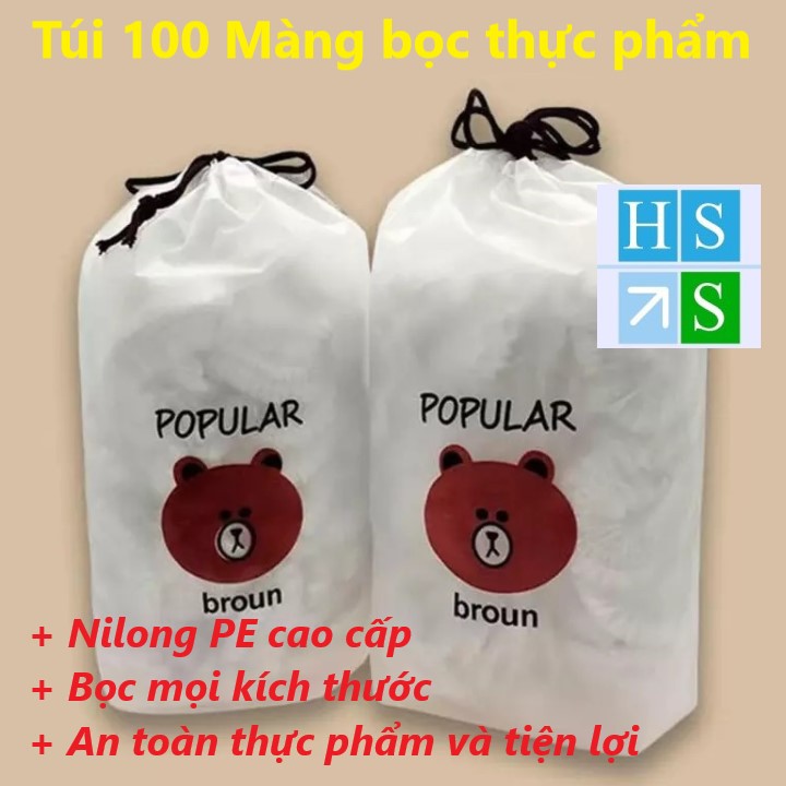 Túi 100 màng bọc thực phẩm nhựa PE trong suốt an toàn vệ sinh, Bọc nilong bảo quản trái cây có chun co giãn tiện lợi