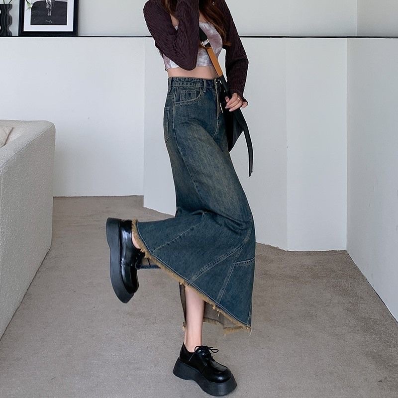 [Hàng Sẵn] Chân váy jean dáng dài cạp cao có xẻ sau hàng chất lượng | BigBuy360 - bigbuy360.vn