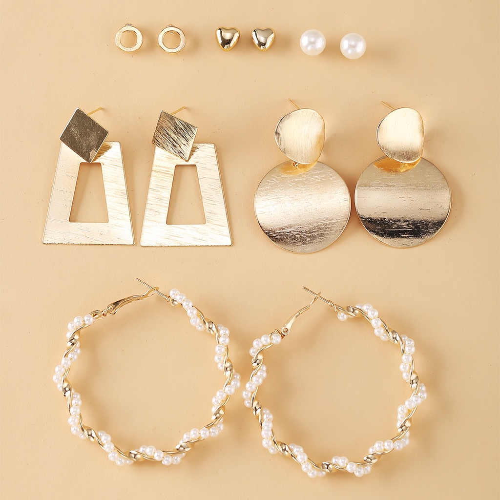 Set 6 Đôi Khuyên Tai Kim Loại Đính Hạt Giả Ngọc Trai