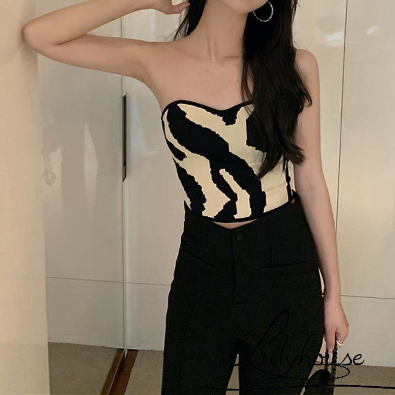 Áo ống croptop không dây cổ thuyền in họa tiết bò sữa thời trang mùa hè quyến rũ cho nữ