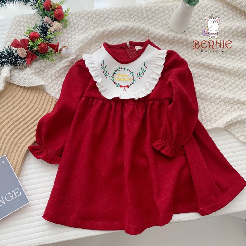 Váy Nhung Đỏ Dài Tay Cổ thêu Hoa Lá Noel, Có khóa kéo phía sau,Đầm bé Gái