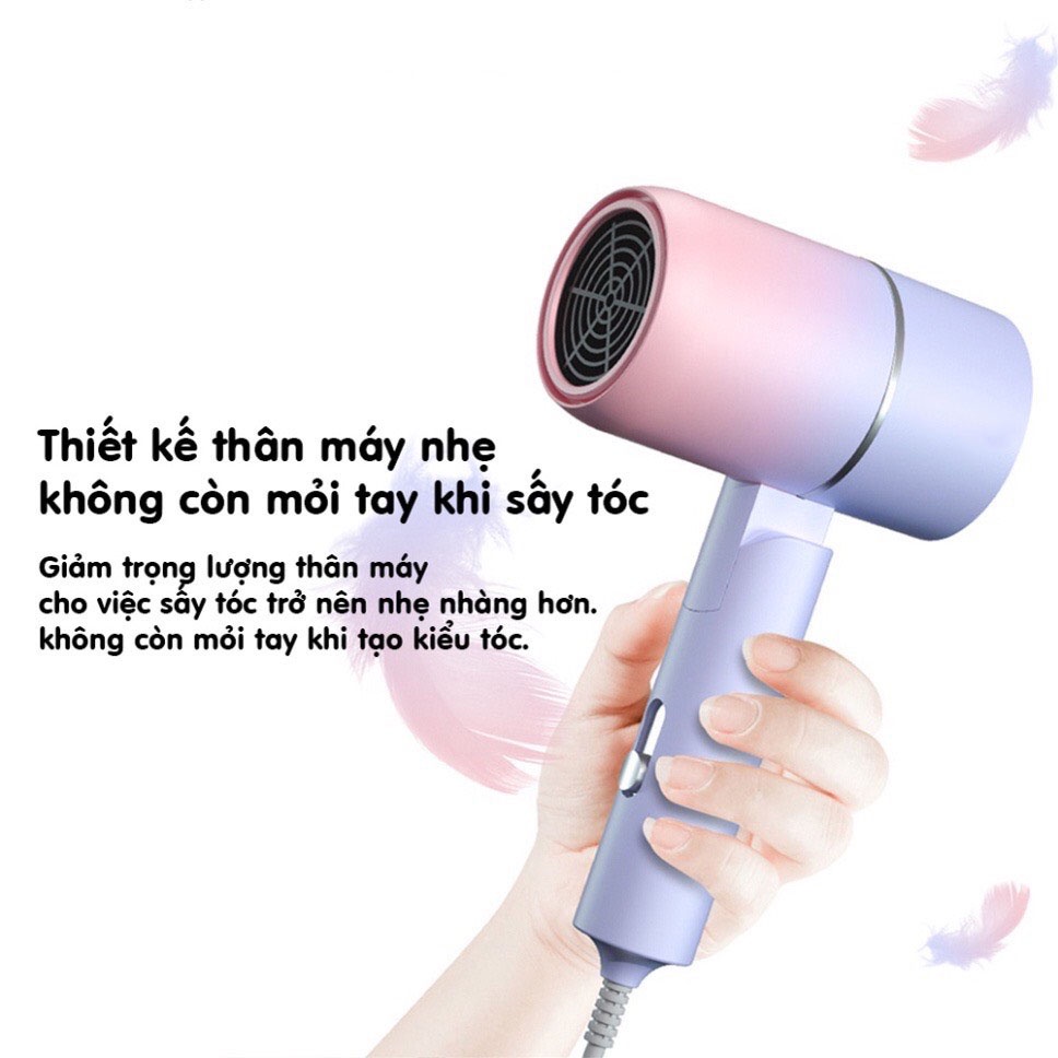 Máy sấy tóc mini công suất lớn tạo kiểu tóc chuyên nghiệp có ánh sáng xanh dưỡng tóc mượt tay cầm gấp gọn Pink Wish