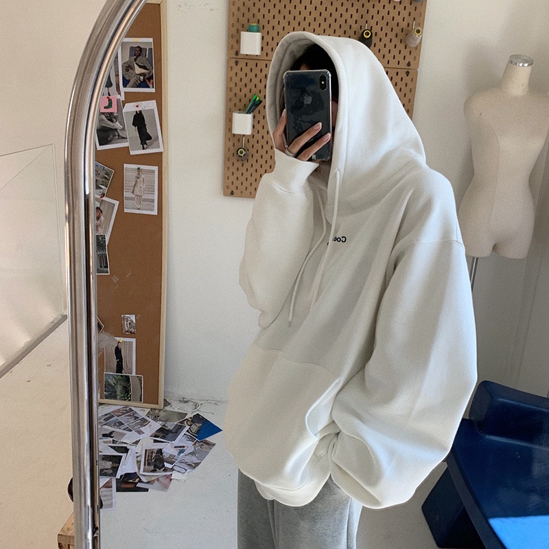 Porozi  Áo hoodie tay dài dáng rộng in chữ phong cách Hàn Quốc cho nữ