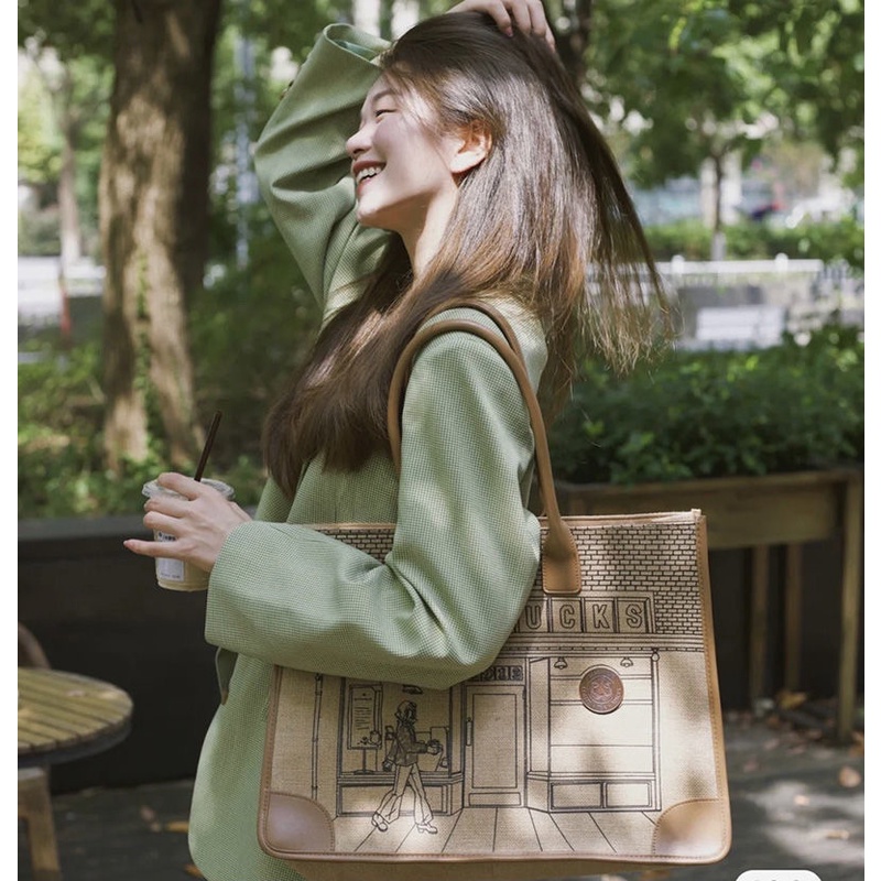 Túi xách canvas đeo 1 bên vai họa tiết Starbucks bộ sưu tập giới hạn năm 2021 kỷ niệm lần thứ 50 vintage sức chứa lớn