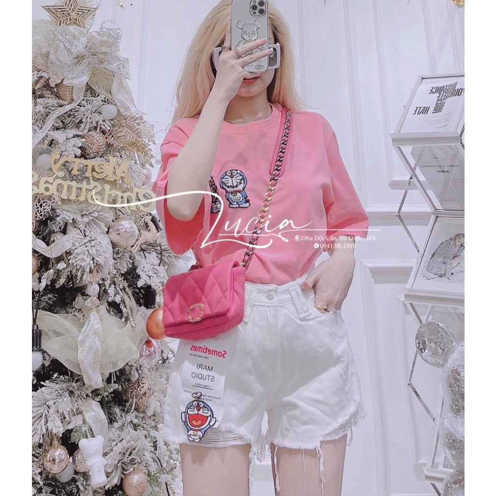 Set áo phông DOREMON quần short đùi kaki kèm thắt lưng siêu cute bộ đùi nữ hồng DN257 0322