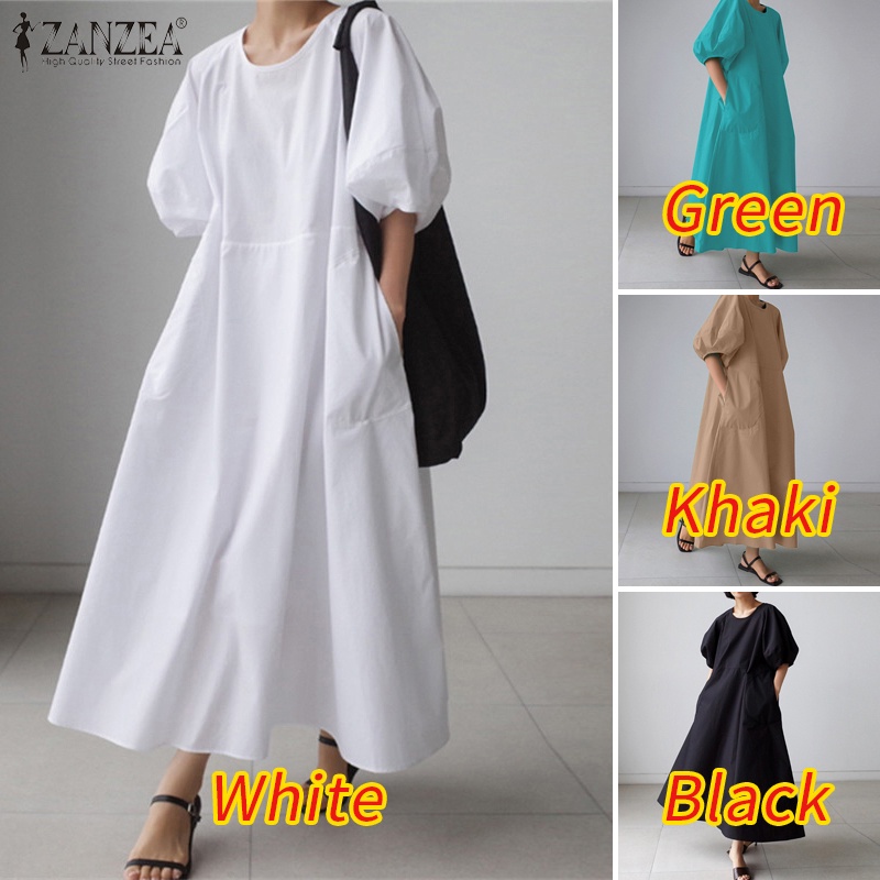 Đầm dài Zanzea form rộng tay phồng cổ tròn màu trơn thời trang đường phố Hàn Quốc cho nữ