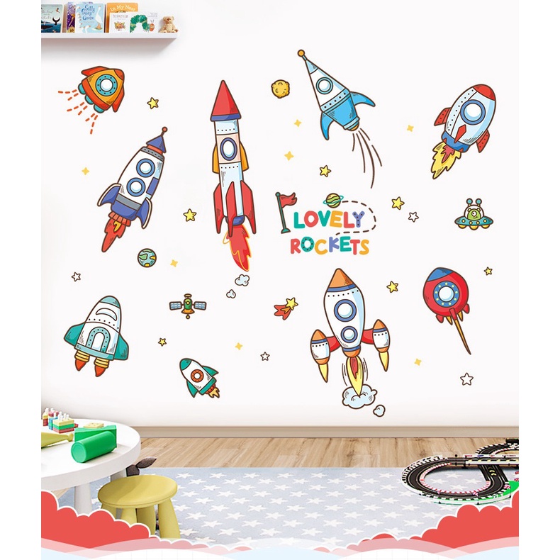 Decal dán tường cho bé trai Phi thuyền Lovely rocket