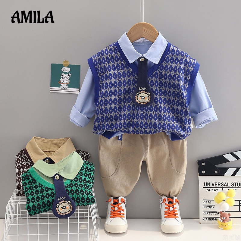 Áo AMILA mặc chui đầu tay dài có cà vạt hoạt hình phong cách Hàn Quốc đáng yêu dành cho bé trai