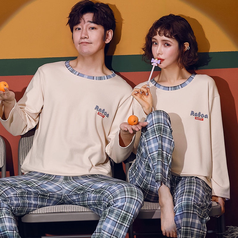 Bộ đồ ngủ cotton tay dài thời trang xuân hè cho cặp đôi 1If