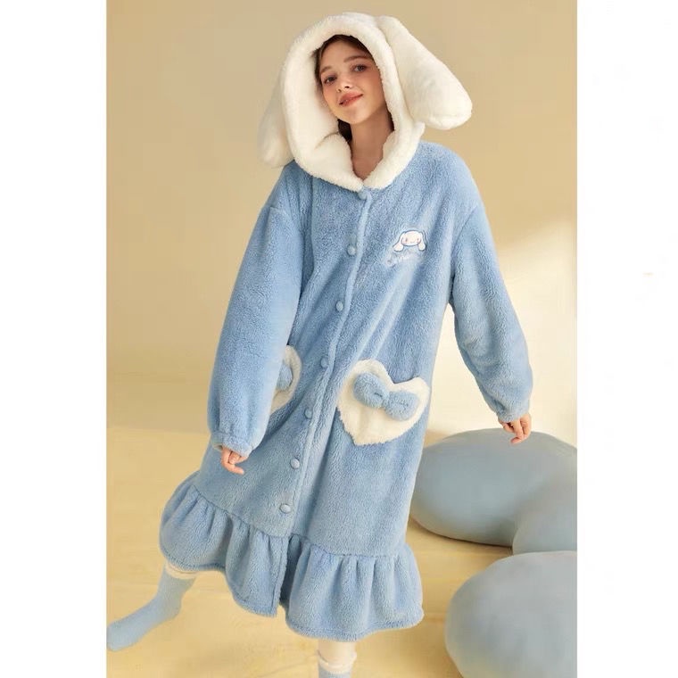Đầm Ngủ Dáng Dài Chất Nỉ Lông Cừu San Hô Hình Chú Chó Tai To Dễ Thương Cho Nữ